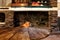 Wooden top with cosy warm home interior with old fireplace wall background.