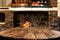 Wooden top with cosy warm home interior with old fireplace wall background.