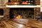 Wooden top with cosy warm home interior with old fireplace wall background.