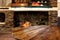 Wooden top with cosy warm home interior with old fireplace wall background.