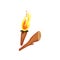 Wooden torch with burning fire. Piece of wood. Natural lighter. Symbols of Stone Age. Flat vector for mobile game or