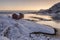 Wooden tourist cabin, rorbu, on nordic winter coast in Lofoten w