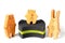 Wooden toy cat, bear and rabbit and black sponges for washing dishes and other domestic or household needs. Concept of