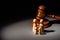 Wooden toy family and judge mallet. Family divorce concept