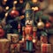 Wooden toy figurine of a nutcracker painted with bright colors. Christmas background.