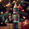 Wooden toy figurine of a nutcracker painted with bright colors. Christmas background.