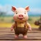Wooden Toy Pig With Brown Overalls - Cartoony Character For Collectors