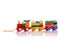 Wooden toy train with colorful blocks isolated over white background