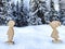 Wooden toys of boy and girl on white snow. Couple in love on Valentine& x27;s Day in February. Love in a cold world and