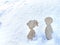Wooden toys of boy and girl on white snow. Couple in love on Valentine's Day in February. Love in a cold world. Card