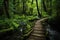 wooden trail leading through lush green forest