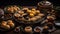 Wooden tray of baked goods indulgent desserts generated by AI