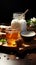 Wooden tray displays milk and honey a rustic, harmonious union of flavors
