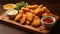 Wooden Tray With Fried Food and Dipping Sauces