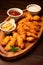 Wooden Tray With Fried Food and Dipping Sauces