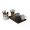 Wooden tray with glass jars containing assortment of dried goods, on a white background, 3D rendered