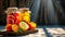 A wooden tray holding various jars filled with liquid, likely containing canned fruits and vegetables