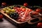 Wooden tray with prosciutto, tomatoes and black olives. Generative AI