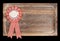 Wooden tray with round ribbon seal or badge, isolated