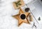 Wooden Tray Star Cup with Black Coffee Christmas Morning Gift Box Decoration Work Laptop New Year Concept