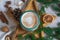 Wooden Tray Star Cup with Coffee Cappuccino Christmas Morning Cookies Decoration New Year Concept Winter Mood