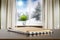 A wooden tray on table cloth on the table. Snowy winter background utside the window and space for products and decorations.