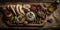 A wooden tray topped with different types of food. AI generative image . Turkish meze platter.