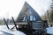 Wooden triangle country tiny cabin house with hot tub spa in mountains. Soul weekends