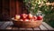 Wooden tub full of freshly harvested red apples with a halved apple on display on a wooden tabletop. Generative AI