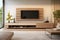 Wooden tv unit in spacious room. Scandinavian home interior design of modern living room