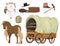 Wooden vehicle pulled by horses, belt, dreamcatcher, pickaxe Watercolor western. West story illustration. Clip art on
