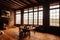 Wooden veranda with small brown table with picture above fireplace and large windows.