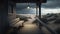 Wooden veranda with table and old electric lamp and candle. View of gloomy Baltic sea and dunes, AI Generative