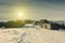 wooden village on the hill of mountain, wonderful view in Carpathian mountains, Kukul ridge on background of Chornohora range and 