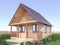 Wooden village house or sauna in the garden exterior. 3d render.