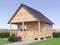 Wooden village house or sauna in the garden exterior. 3d render.