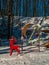 Wooden vintage country house in mountains forest covered snow on nature landscape. Active rest. Snowy winter holidays