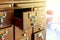 Wooden vintage Medicine drawer cabinet. Catalog file cabinet. Data storage