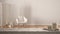 Wooden vintage table top or shelf with candles and pebbles, zen mood, over blurred empty room with armchair, and decor, white arch