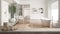 Wooden vintage table top or shelf with candles and pebbles, zen mood, over blurred minimalist bathroom with shower and walk-in clo