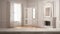 Wooden vintage table top or shelf closeup, zen mood, over blurred classic empty room with big window with fireplace, white archite