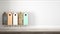 Wooden vintage table top or shelf closeup, zen mood, over blurred empty child kids room with colorful bookshelf , white architectu