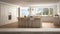Wooden vintage table top or shelf closeup, zen mood, over blurred modern scandinavia kitchen with big panoramic windows, white arc