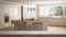 Wooden vintage table top or shelf closeup, zen mood, over blurred modern scandinavia kitchen with big panoramic windows, white arc