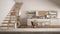 Wooden vintage table top or shelf closeup, zen mood, over blurred white wooden kitchen, loft with stairs, white architecture inter