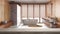 Wooden vintage table top or shelf closeup, zen mood, over japandi bathroom with freestanding bathtub and shower, minimal