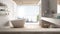 Wooden vintage table top or shelf closeup, zen mood, over minimal luxuty bathroom with panoramic window, shower and bathtub, white