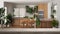 Wooden vintage table top or shelf closeup, zen mood, over sustainable kitchen with island, dining room, many houseplants,