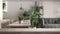 Wooden vintage table top or shelf closeup, zen mood, over sustainable kitchen with island, living and dining room, many