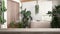 Wooden vintage table top or shelf closeup, zen mood, over sustainable minimal white bathroom with bathtub and many houseplants,